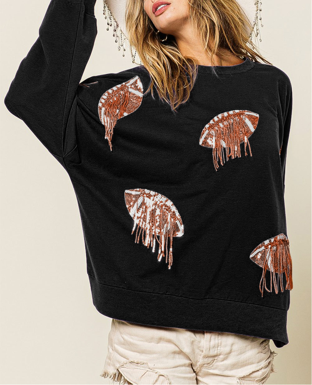 Sequin Fringe Football Patch Round Neck Sweatshirt