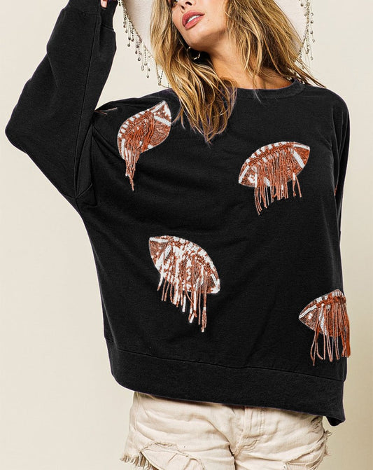 Sequin Fringe Football Patch Round Neck Sweatshirt